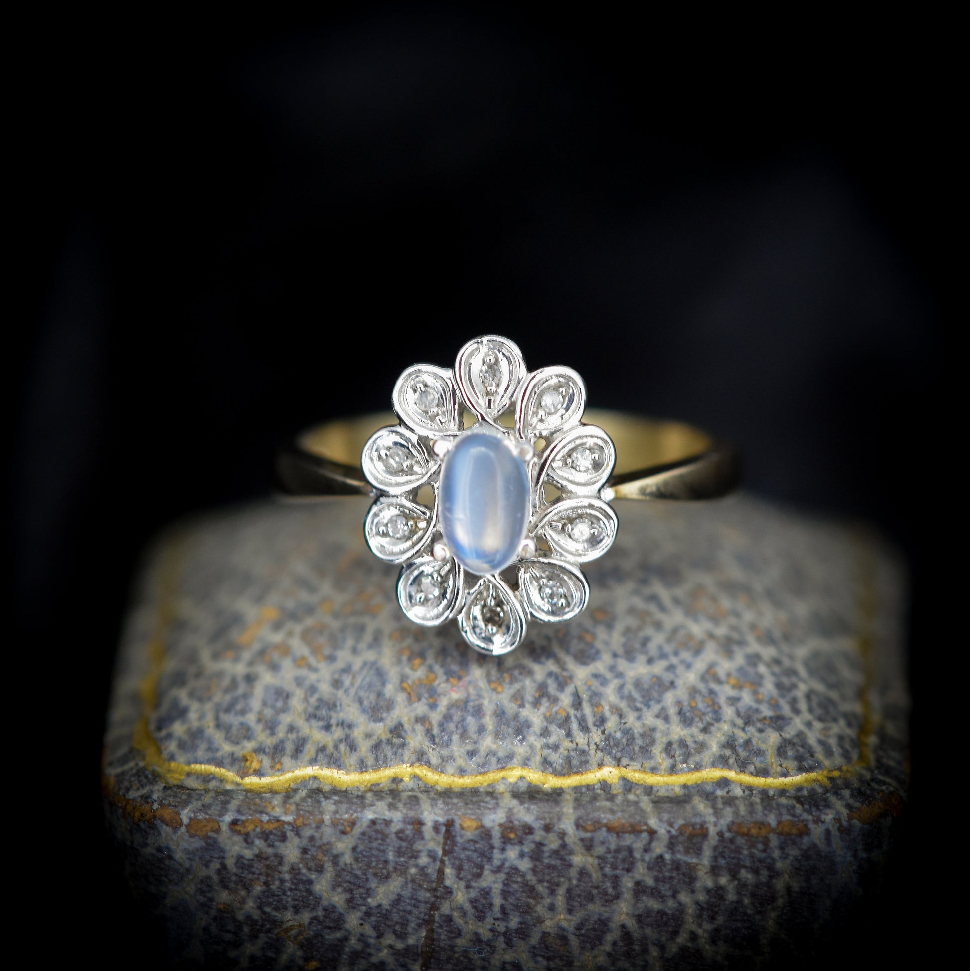 Vintage Moonstone Diamond Oval Halo Gold Cluster Ring