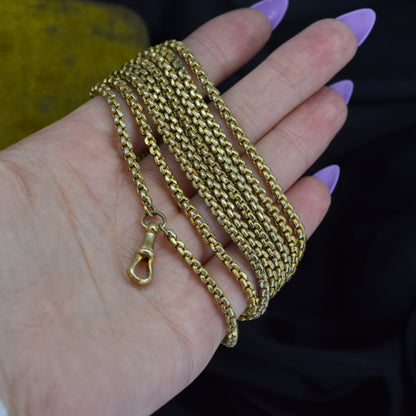 Antique Victorian Slinky Long Guard Muff Chain Rolled Gold Necklace with Dog Clip | 52"