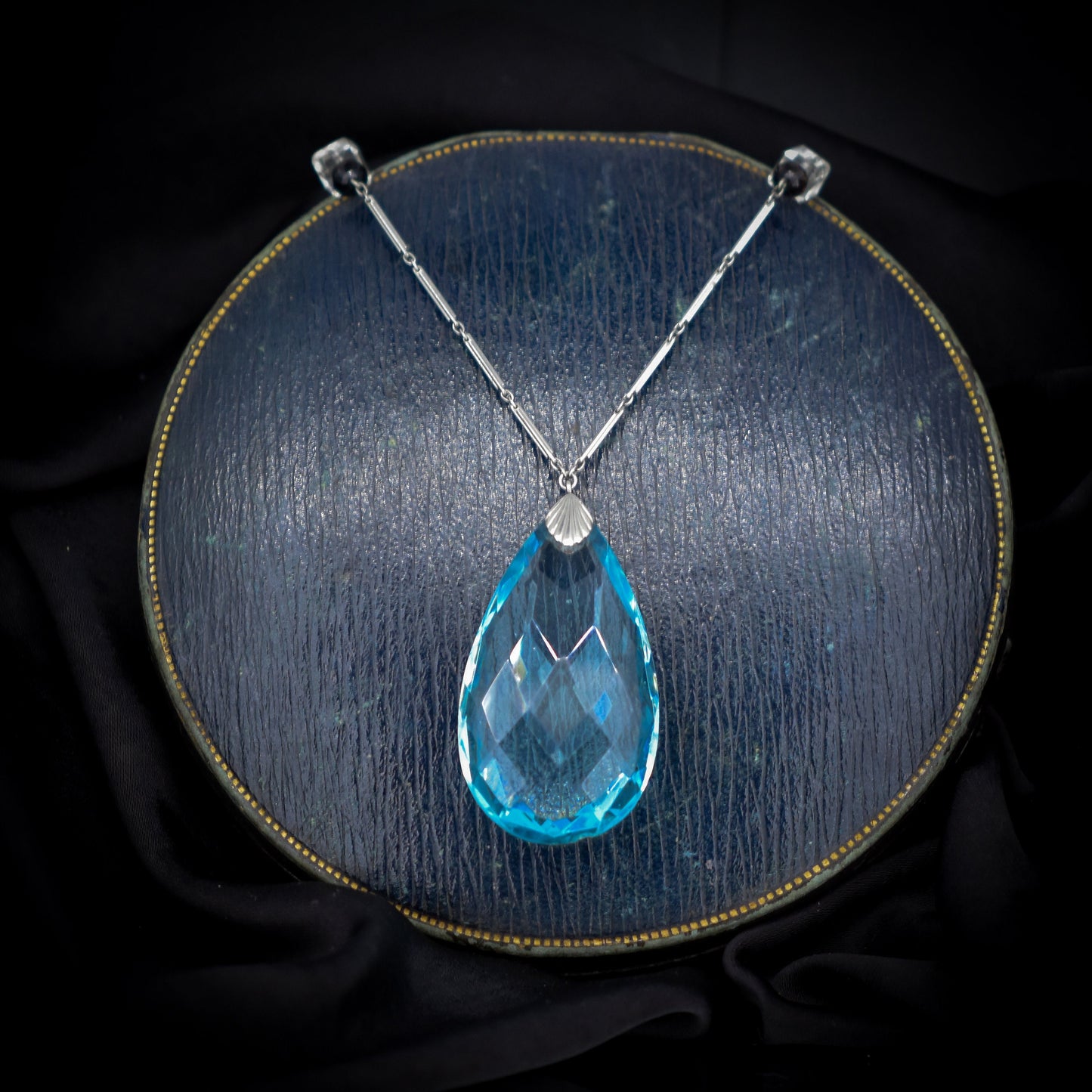 Art Deco Blue Paste Teardrop Long Platinon Necklace | 32"