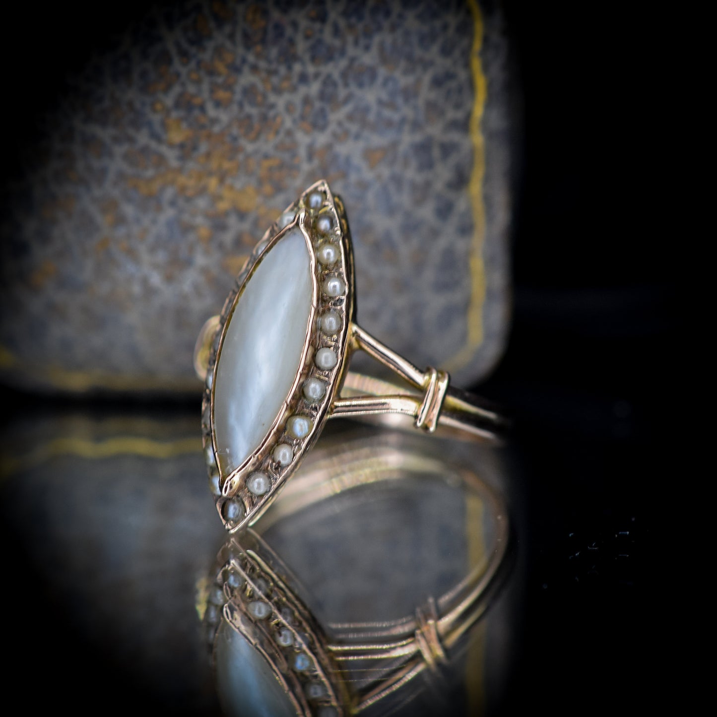 Antique Mother of Pearl Navette Marquise Gold Ring