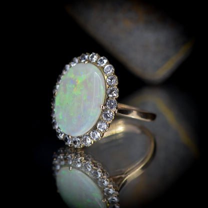 Antique Opal and White Sapphire Oval Cluster Halo Gold Ring