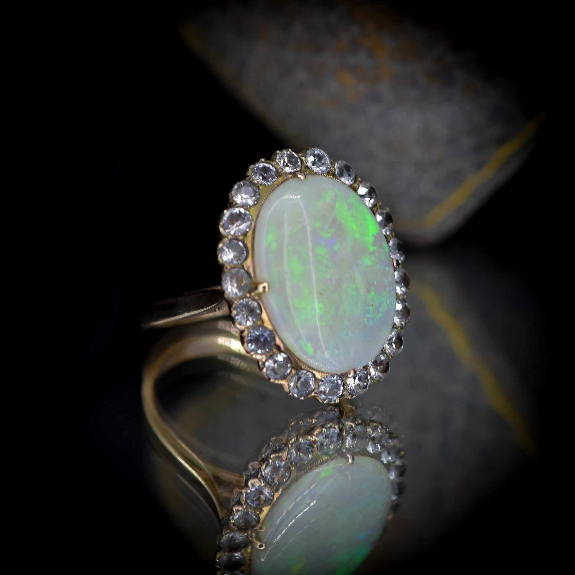 Antique Opal and White Sapphire Oval Cluster Halo Gold Ring