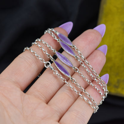 Vintage Lilac Guilloche Enamel Long Chain Necklace 30"