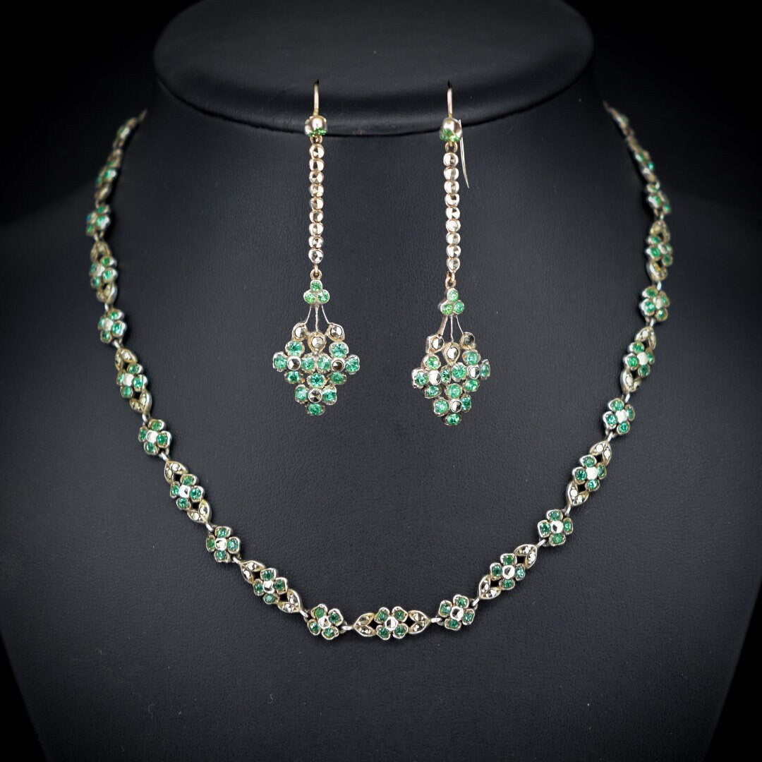 Antique Green Paste Marcasite Silver Necklace Earring Set | Art Deco