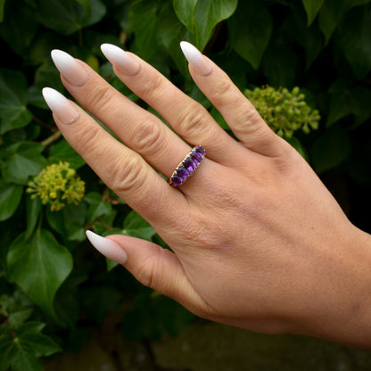Vintage Amethyst and Diamond Scroll Five Stone Gold Ring Band | London 1973