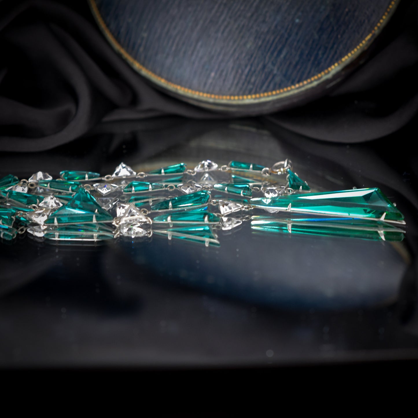 Art Deco Riviere Drop Green Paste Platinon Necklace | 16"