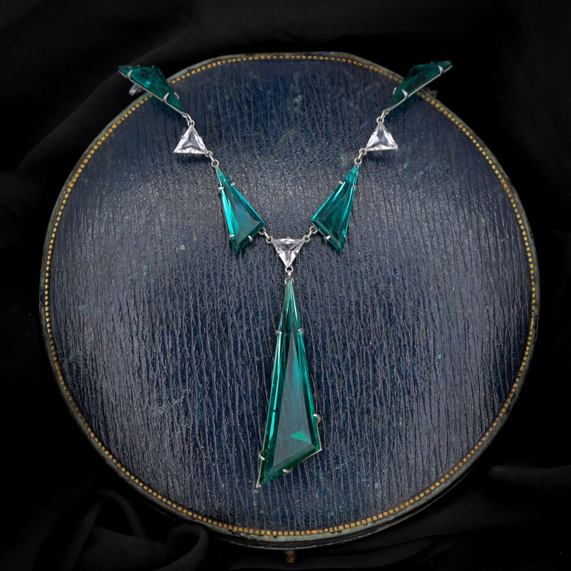 Art Deco Riviere Drop Green Paste Platinon Necklace | 16"
