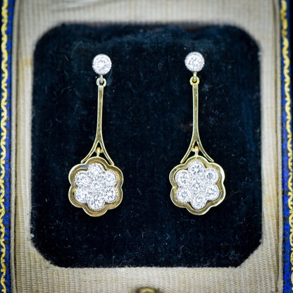 Vintage Diamond Daisy 18ct Gold Drop Dangle Earrings