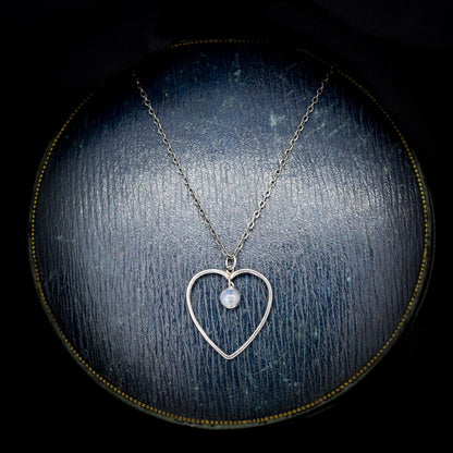 Antique Heart Moonstone Silver Drop Pendant Necklace