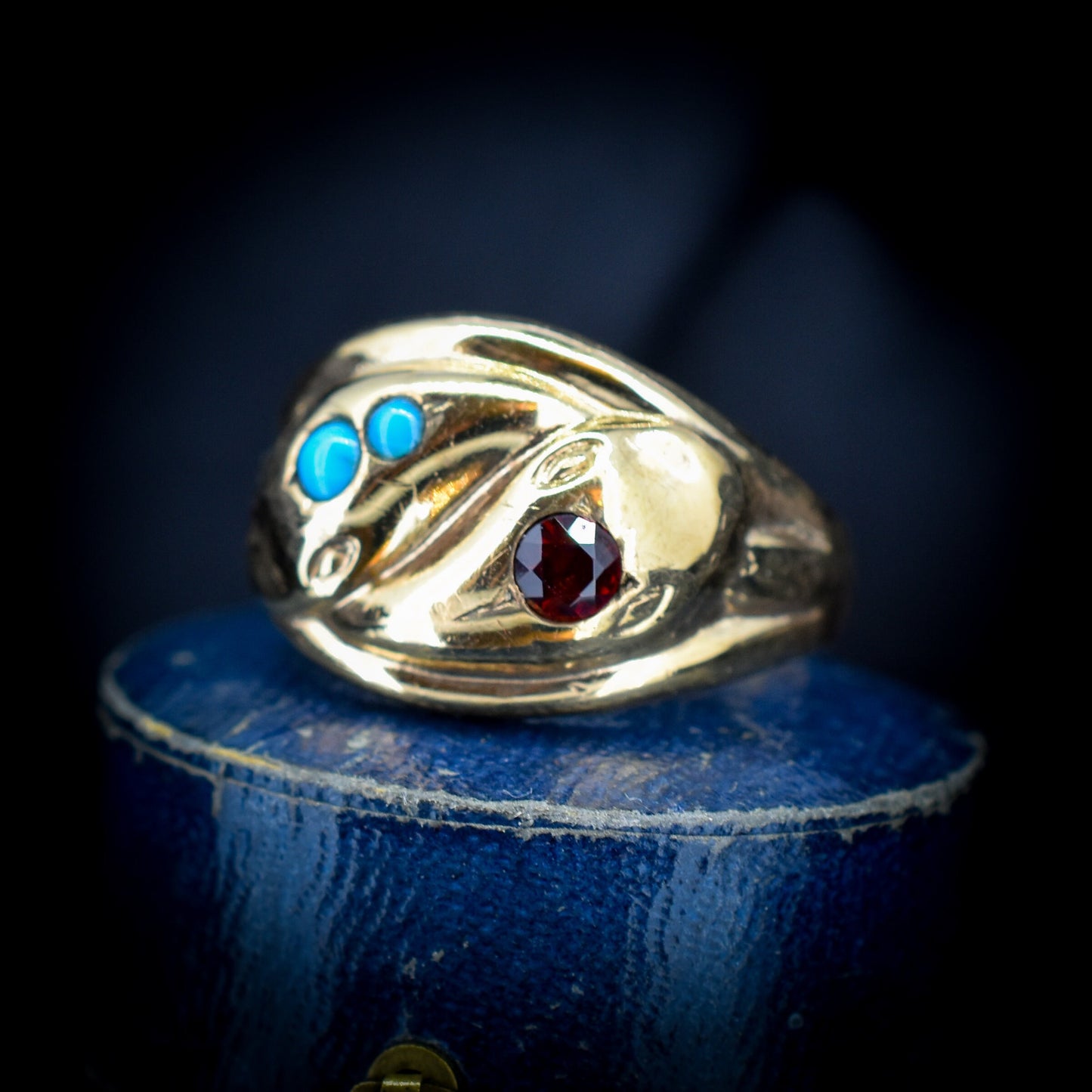 Antique Garnet and Turquoise Double Snake 9ct Gold on Silver Ring