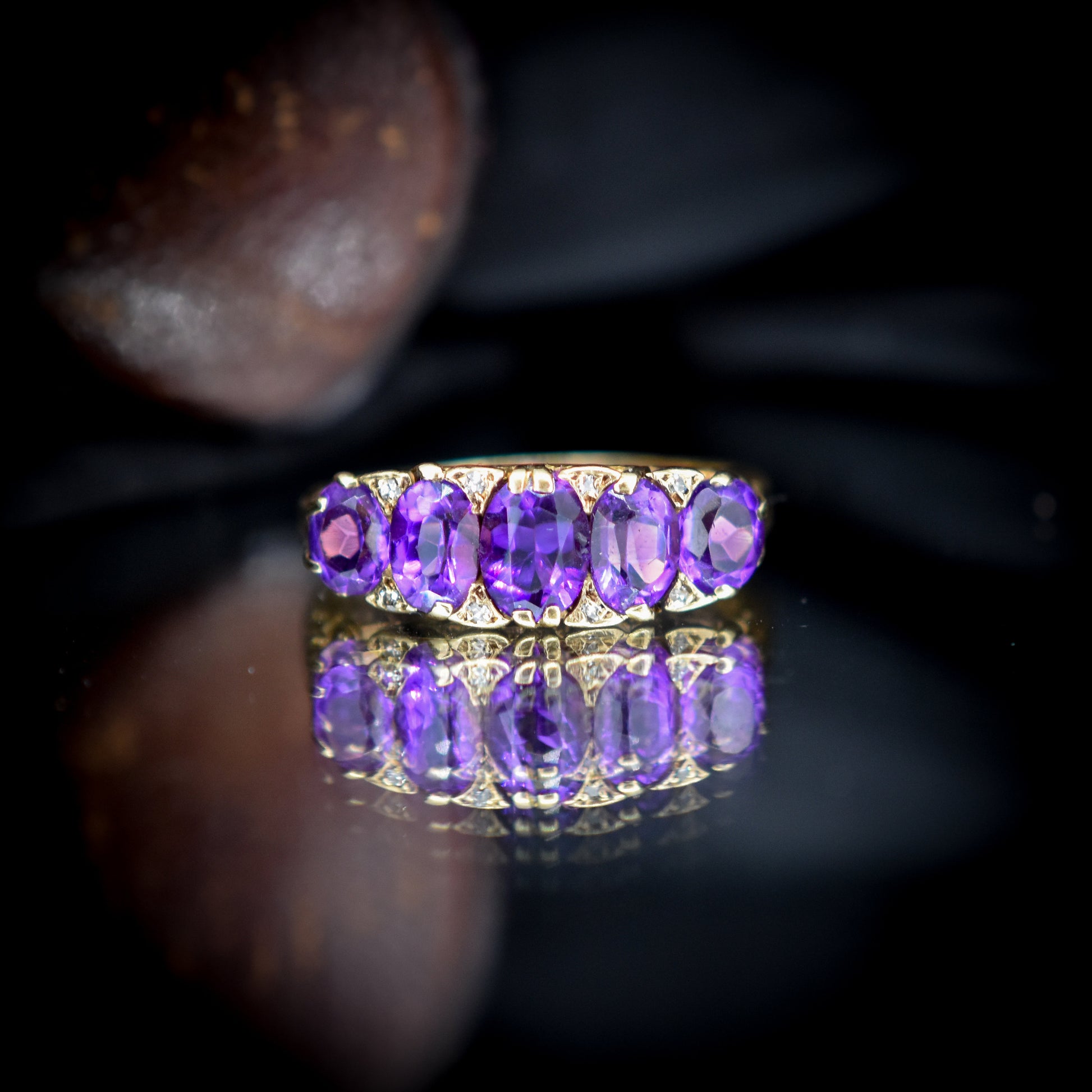 Vintage Amethyst and Diamond Scroll Five Stone Gold Ring Band | London 1973