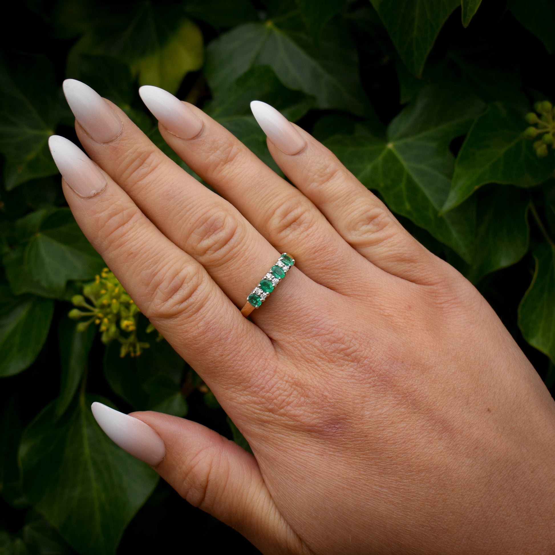 Emerald and Diamond Gold Half Eternity Stacking Band Ring