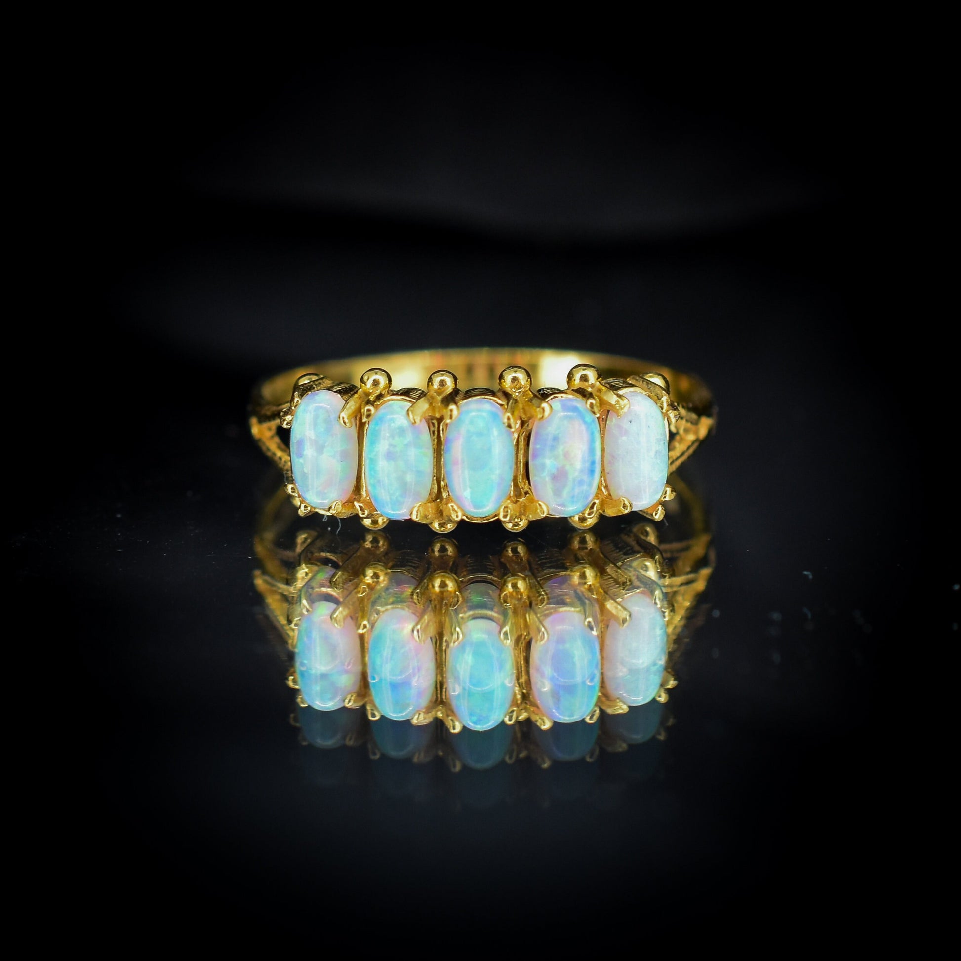 Opal Five Stone 18ct Yellow Gold on Silver Ring Band | Antique Vintage Style