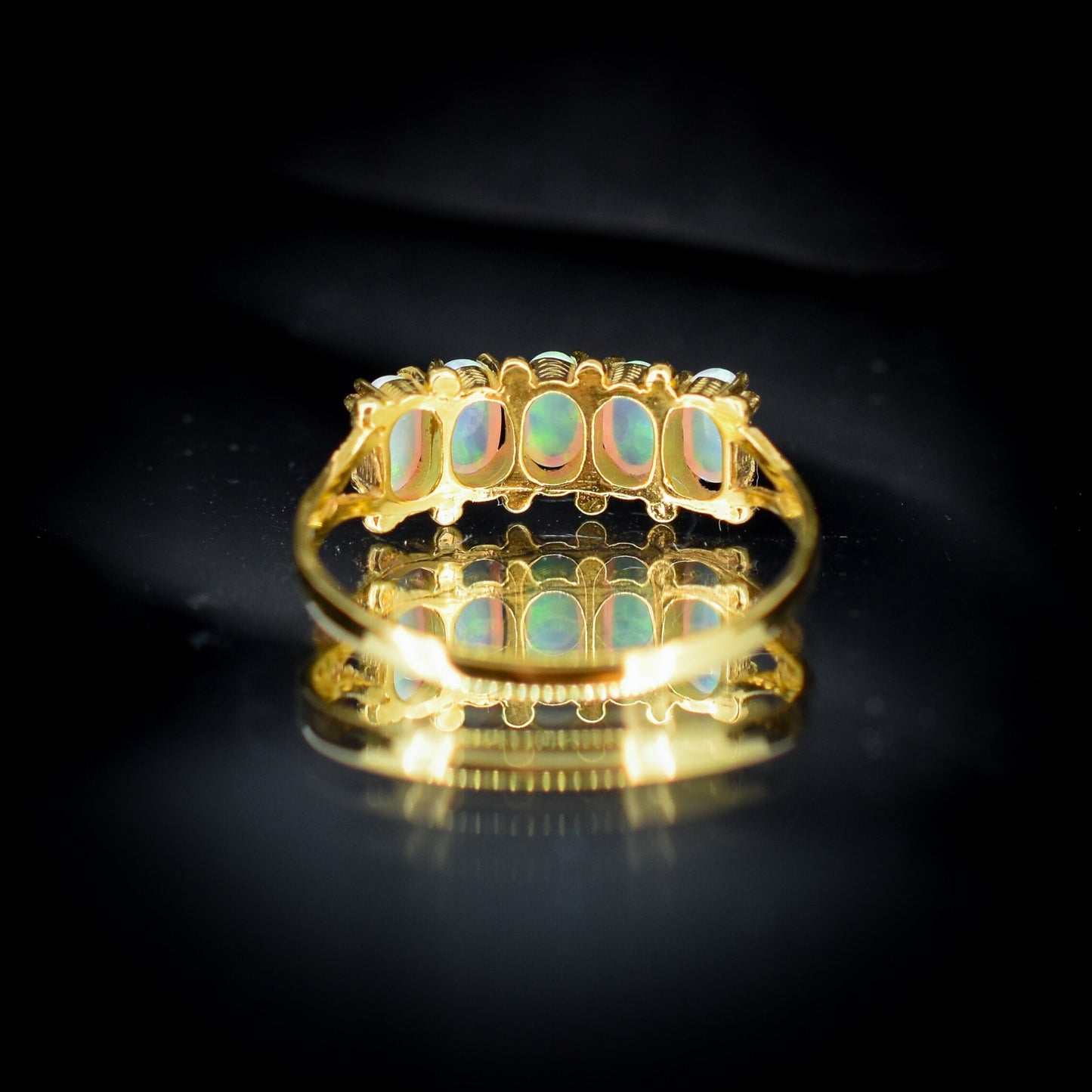 Opal Five Stone 18ct Yellow Gold on Silver Ring Band | Antique Vintage Style