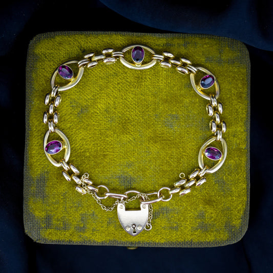 Antique Edwardian 9ct Gold Garnet Gate Bracelet with Heart Padlock