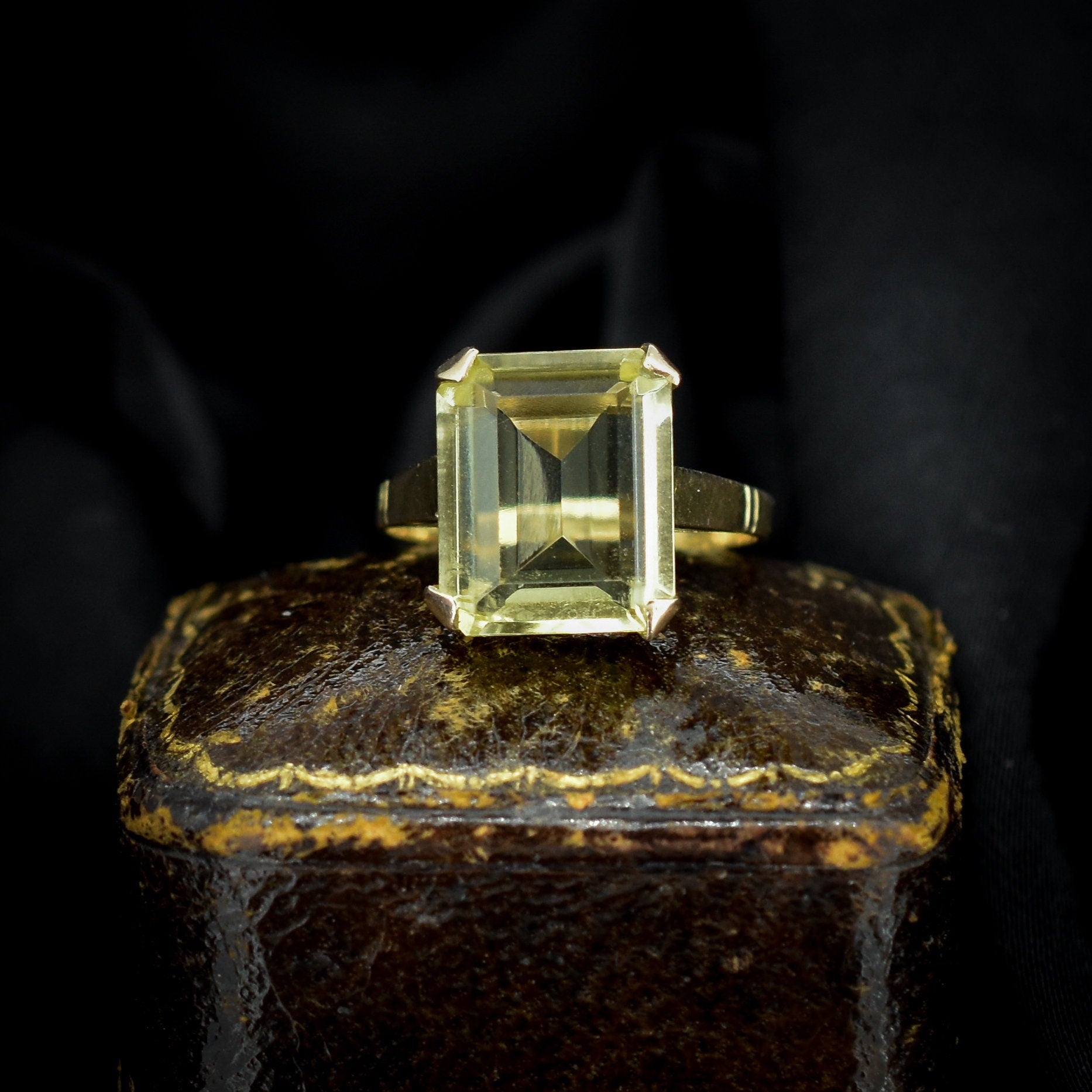 Vintage Emerald Cut Citrine 9ct Yellow Gold Cocktail Ring