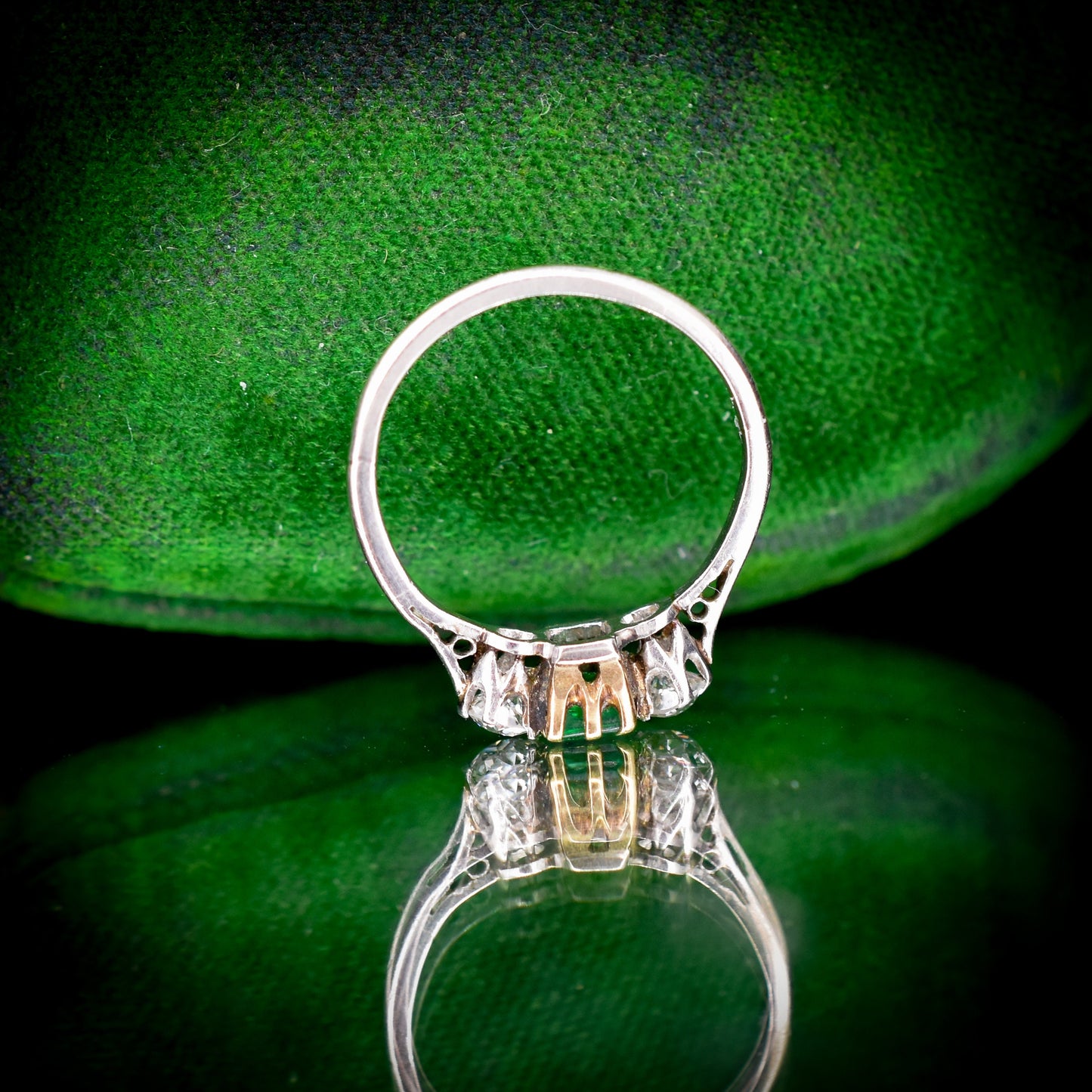 Art Deco Emerald and Diamond Trilogy Three Stone Platinum Ring