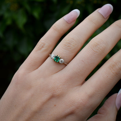Art Deco Emerald and Diamond Trilogy Three Stone Platinum Ring