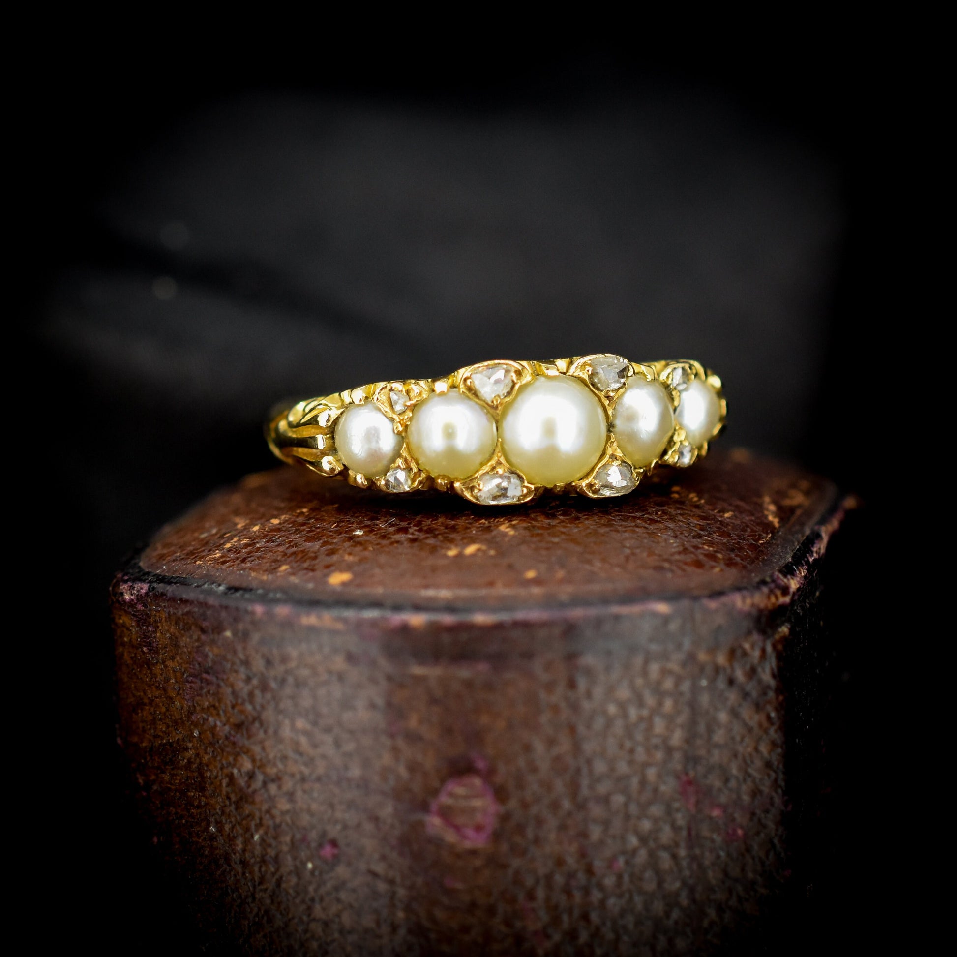Antique Victorian Pearl and Diamond Five Stone 18ct Yellow Gold Ring Band