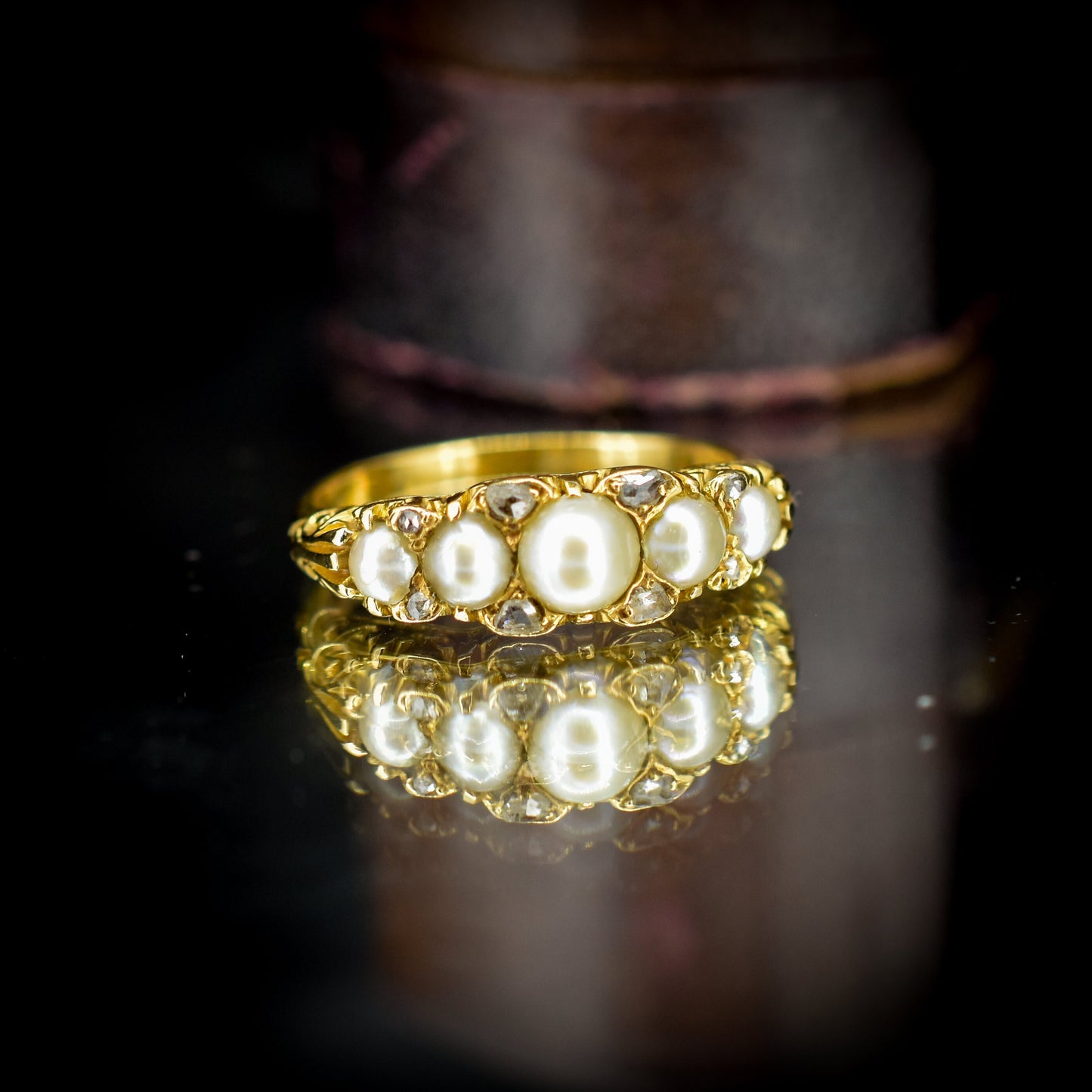 Antique Victorian Pearl and Diamond Five Stone 18ct Yellow Gold Ring Band