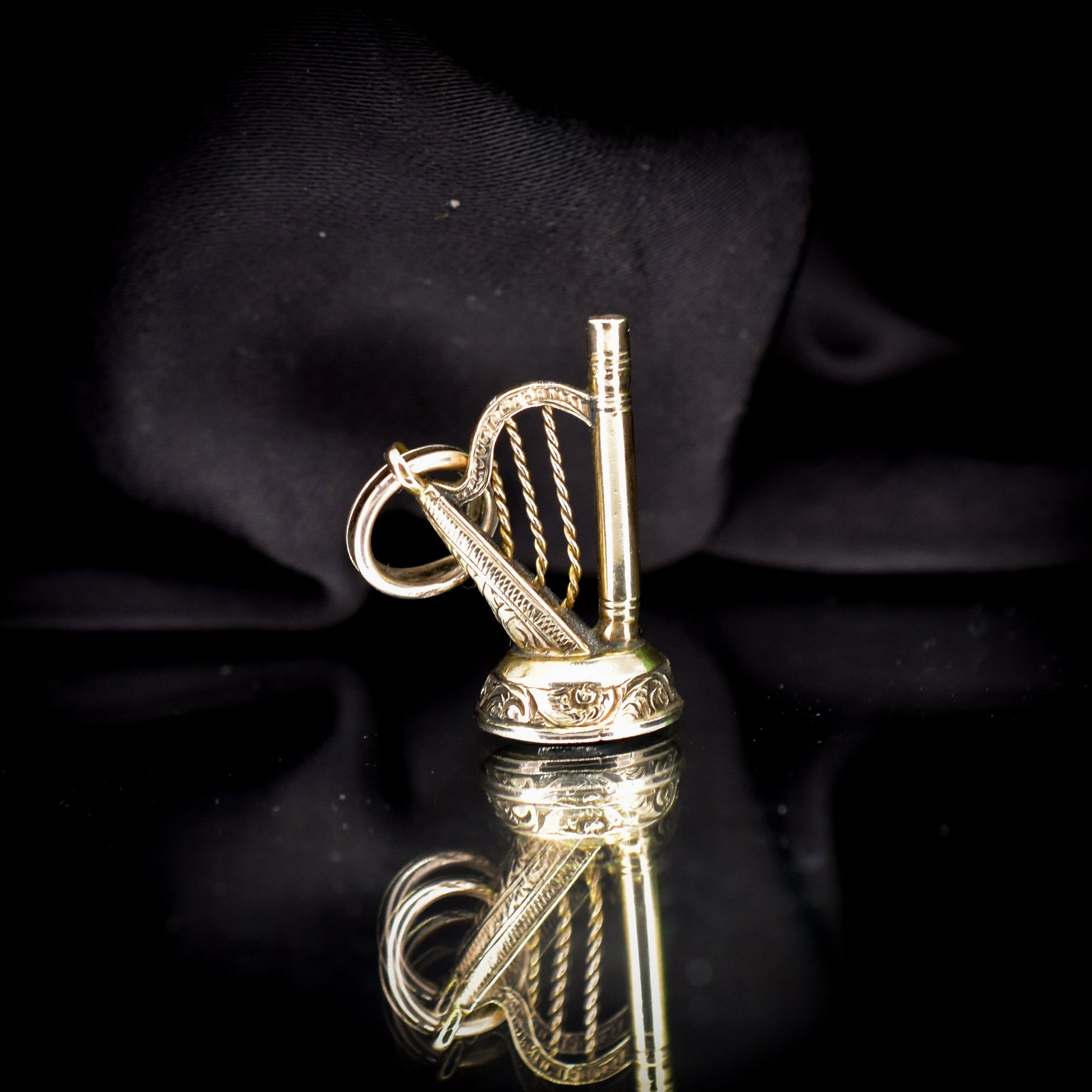 Antique Gold Bloodstone Harp Watch Key Fob Pendant Charm