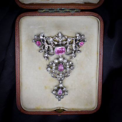 Antique Victorian Foiled Pink Paste Silver Large Brooch Pin Pendant | Boxed