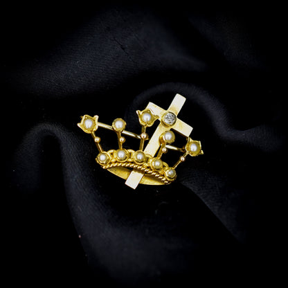 Antique Victorian Pearl Crown and Diamond Cross Gold Brooch