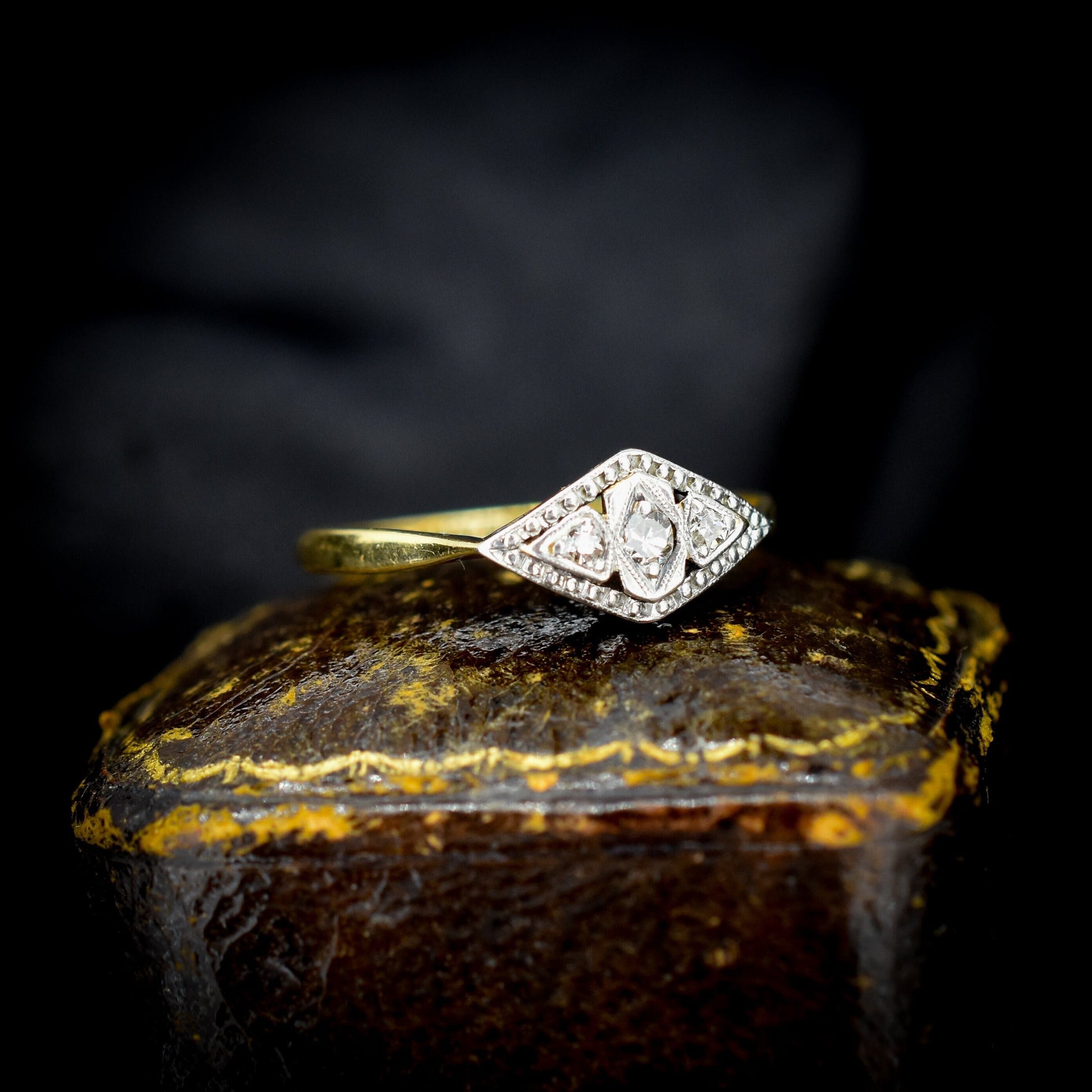 Art Deco Diamond East to West Navette 18ct Gold and Platinum Ring | Antique