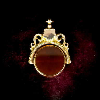 Antique Carnelian & Bloodstone Agate 9ct Gold Spinning Fob Shield Pendant