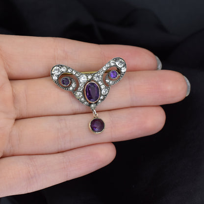 Antique Amethyst and Paste Sterling Silver Brooch Pin
