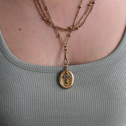 Antique Victorian Pearl Blue Paste Cross Rolled Gold Engraved Oval Photo Locket Pendant