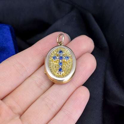 Antique Victorian Pearl Blue Paste Cross Rolled Gold Engraved Oval Photo Locket Pendant