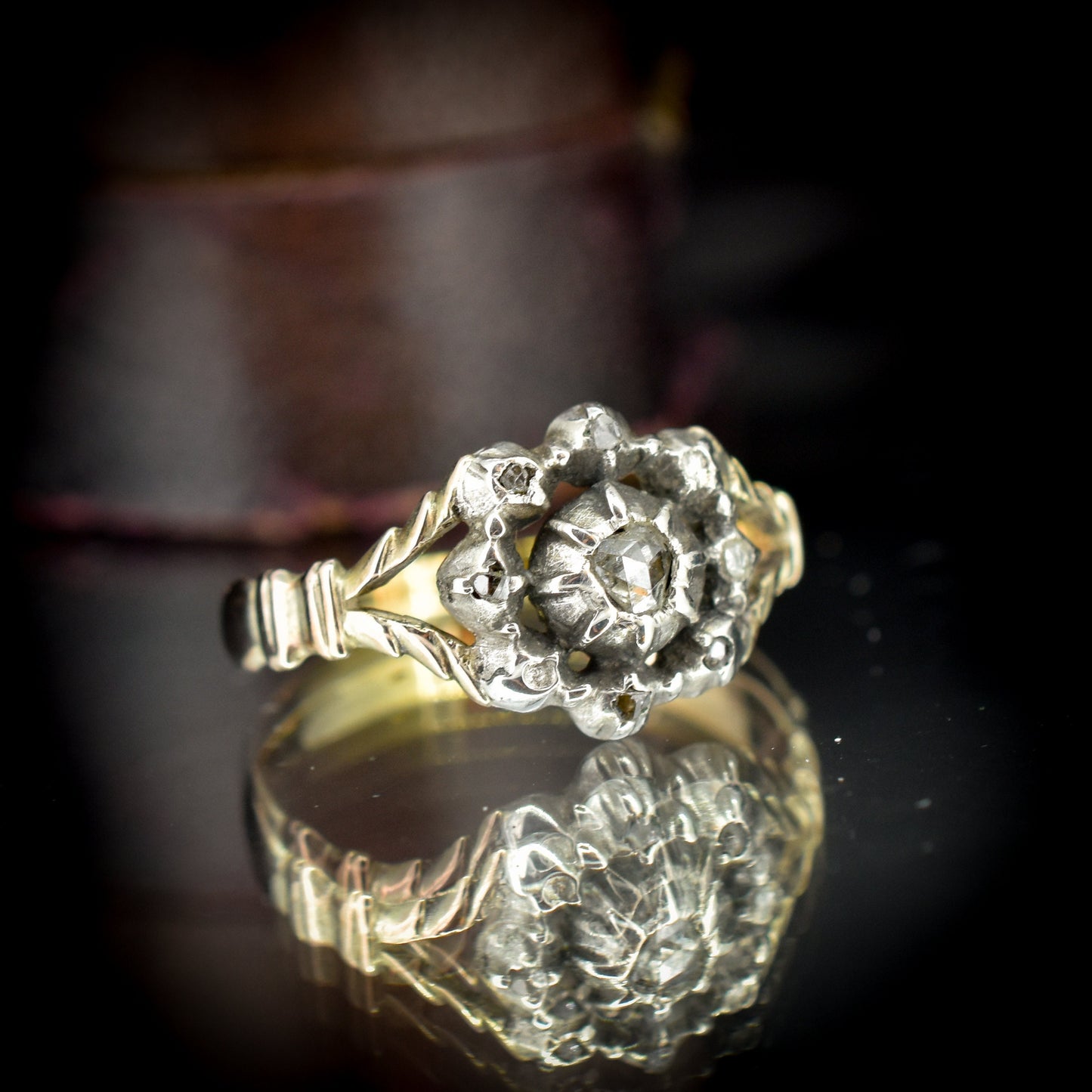 Antique Georgian Rose Cut Diamond Cluster Silver Gold Ring