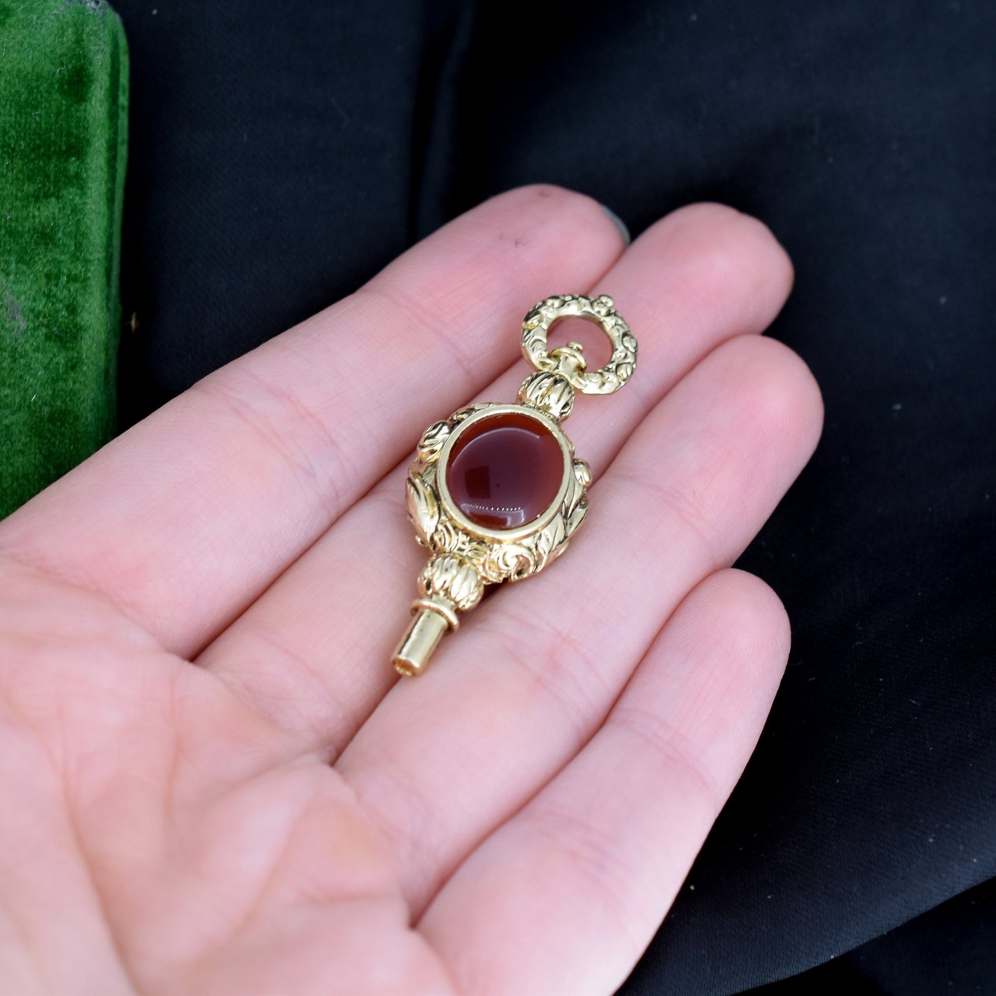 Agate Embossed Gold Watch Key Fob Pendant Charm - Antique Style