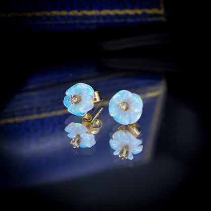 Opal and Diamond Carved Flower Gold Stud Earrings, Studs