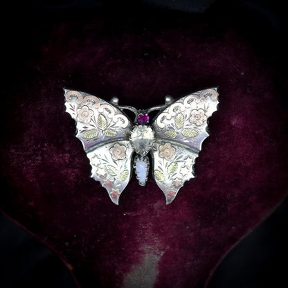 Antique Victorian Butterfly Silver and Gold Brooch Pin | Dated 1886