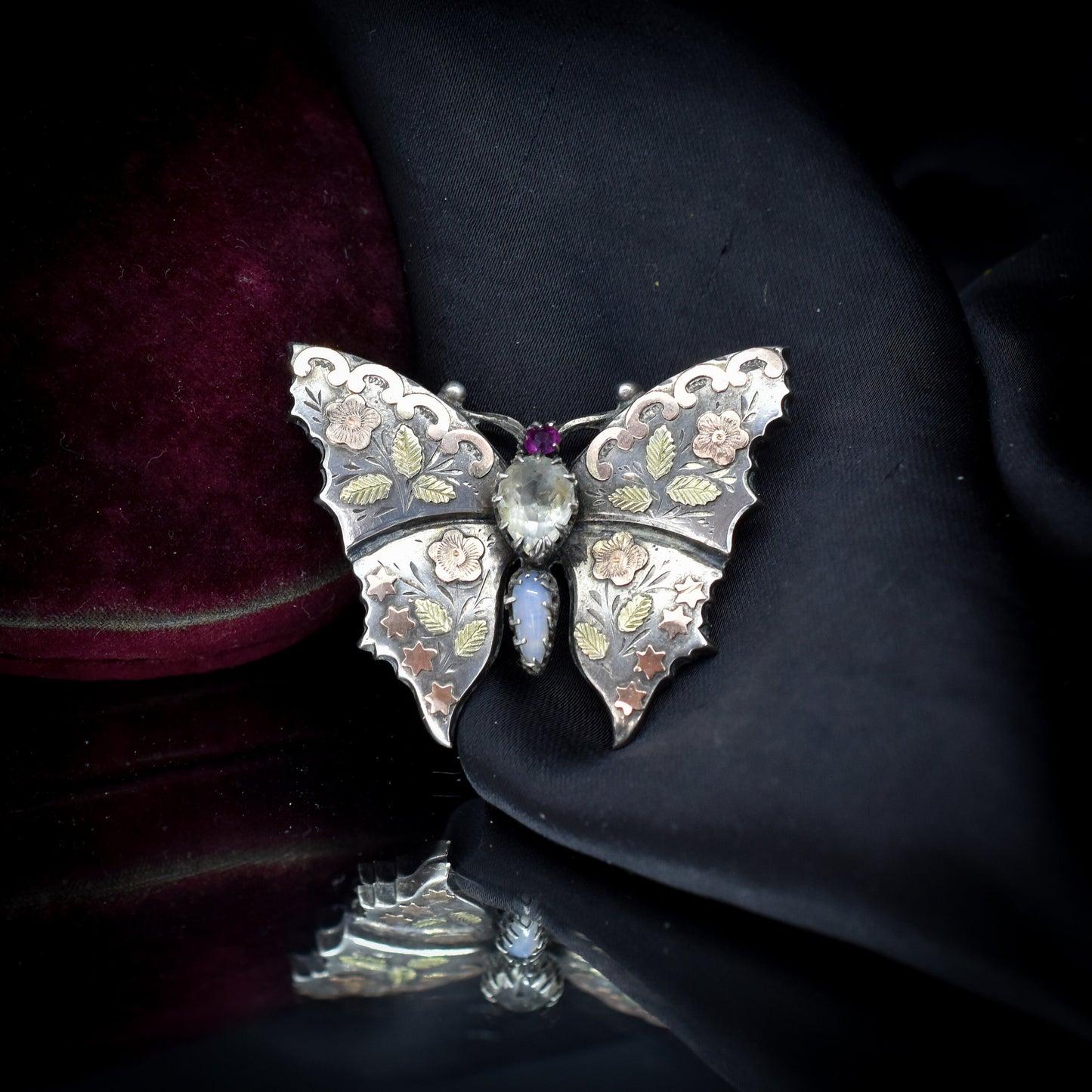 Antique Victorian Butterfly Silver and Gold Brooch Pin | Dated 1886