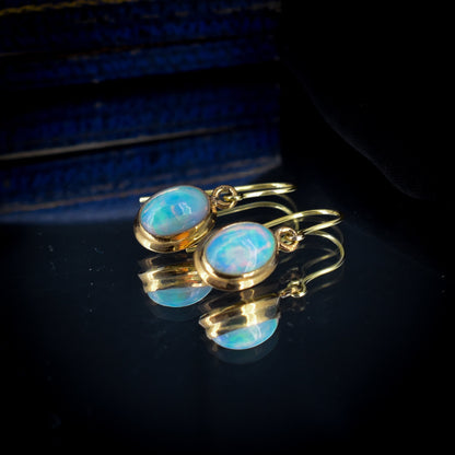 Opal Oval Bezel Yellow Gold Drop Earrings