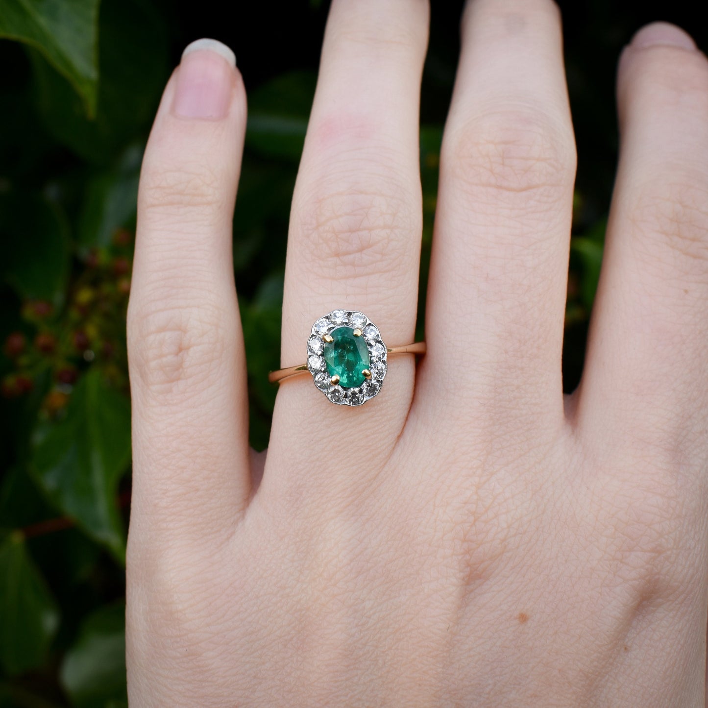 Oval Emerald and Diamond Halo Cluster 18ct Yellow Gold Ring