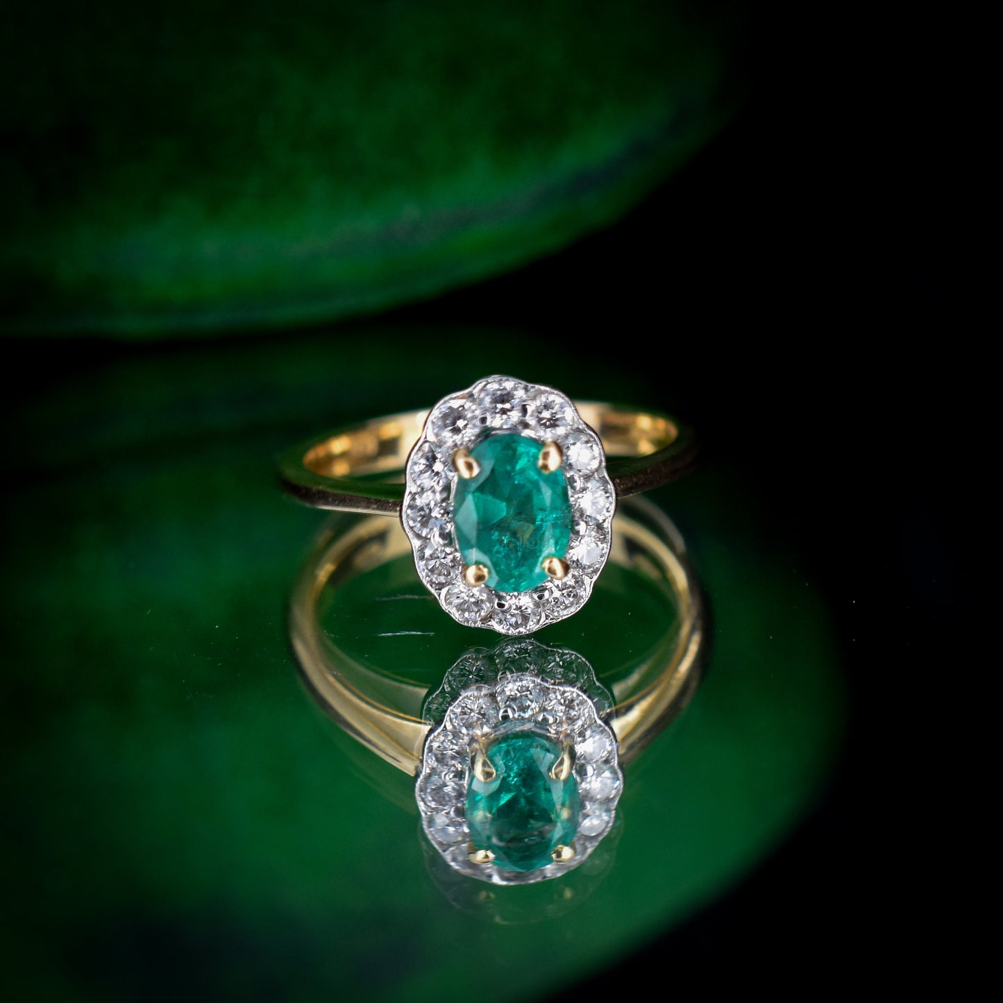 Oval Emerald and Diamond Halo Cluster 18ct Yellow Gold Ring