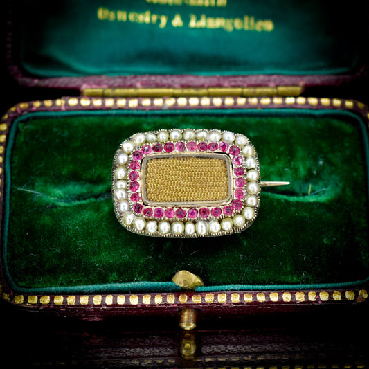 Antique Ruby Paste and Pearl Gold Mourning Brooch Pin | Georgian