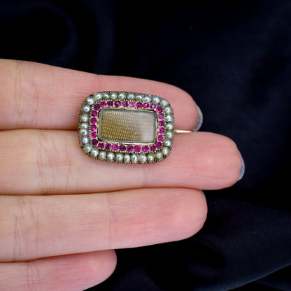 Antique Ruby Paste and Pearl Gold Mourning Brooch Pin | Georgian