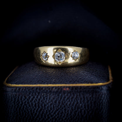 Antique Old Cut Diamond Three Stone Gypsy Starburst 18ct Gold Ring | Dated 1896
