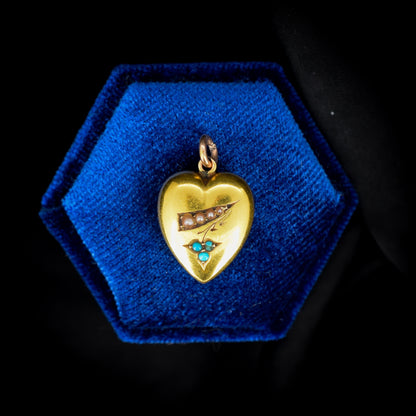 Antique Turquoise Pearl 15ct Gold Heart Pendant