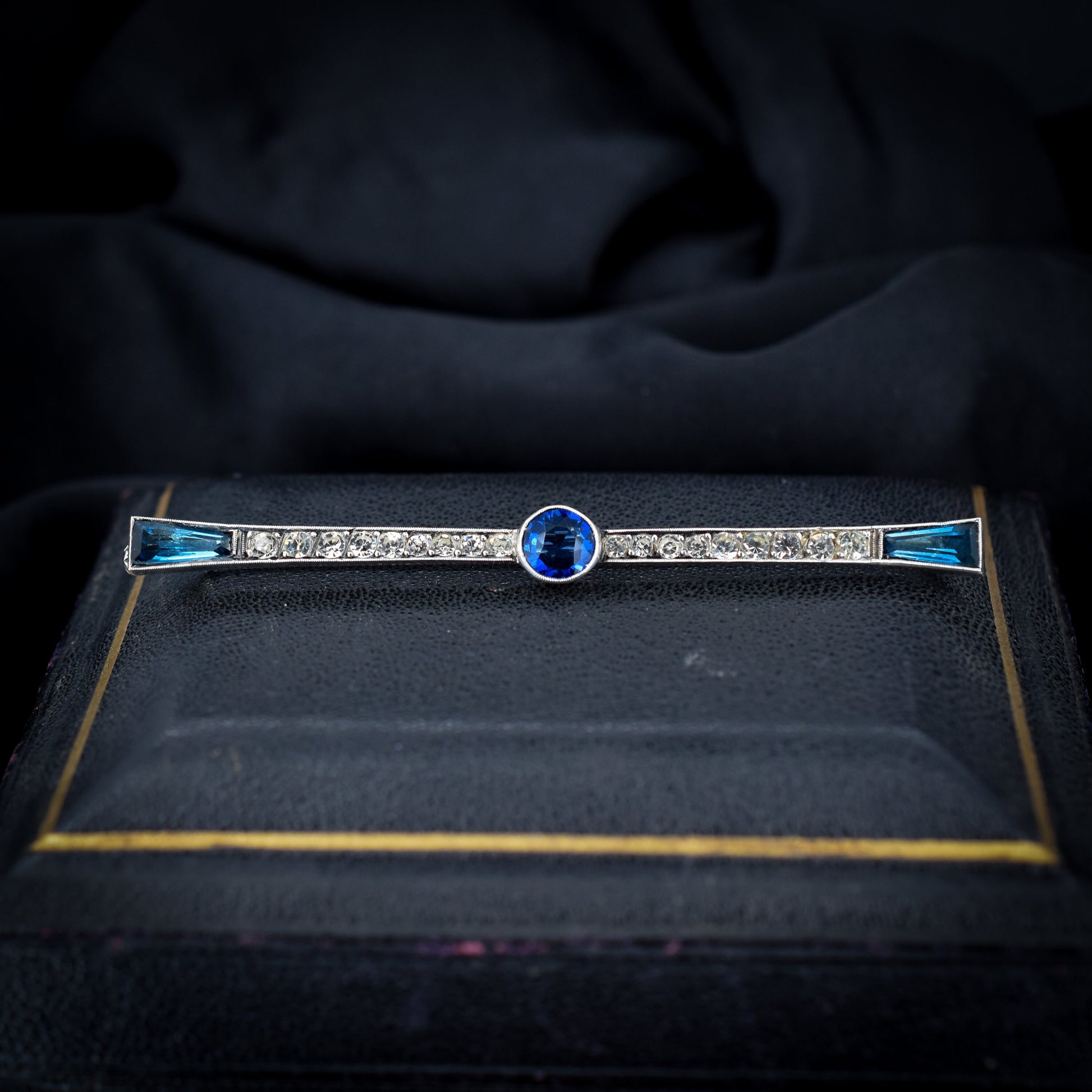 Antique Art Deco French Blue Paste Silver Bar Brooch