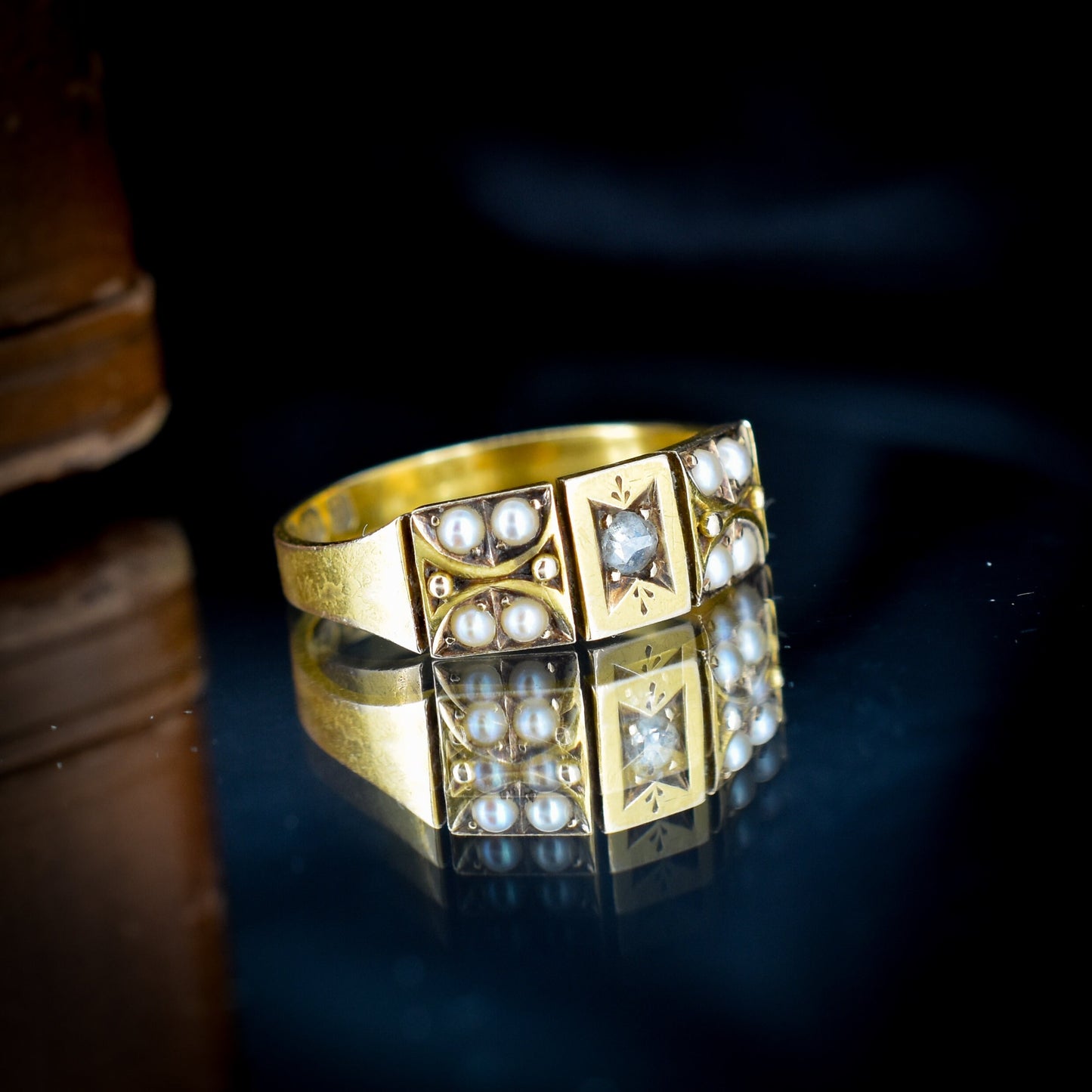Antique Victorian Pearl and Diamond 15ct Yellow Gold Ring Band | Dated 1888