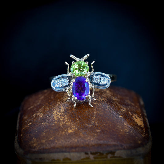 Amethyst Peridot and Diamond Insect Bee 9ct Yellow Gold Ring | Suffragette Style