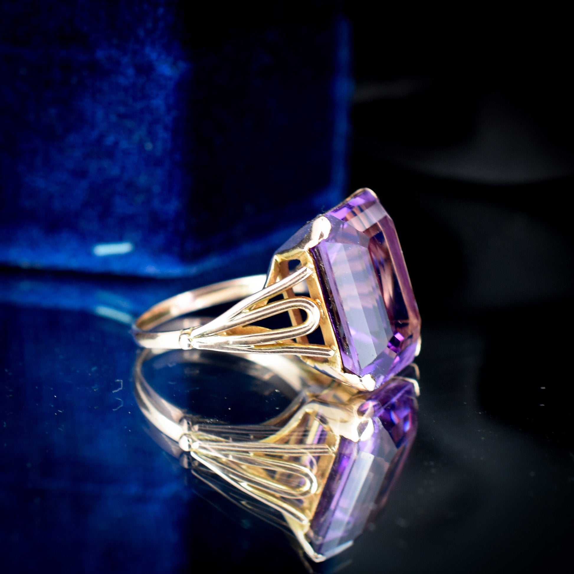 Vintage Emerald Cut Large Amethyst Solitaire Gold Cocktail Ring