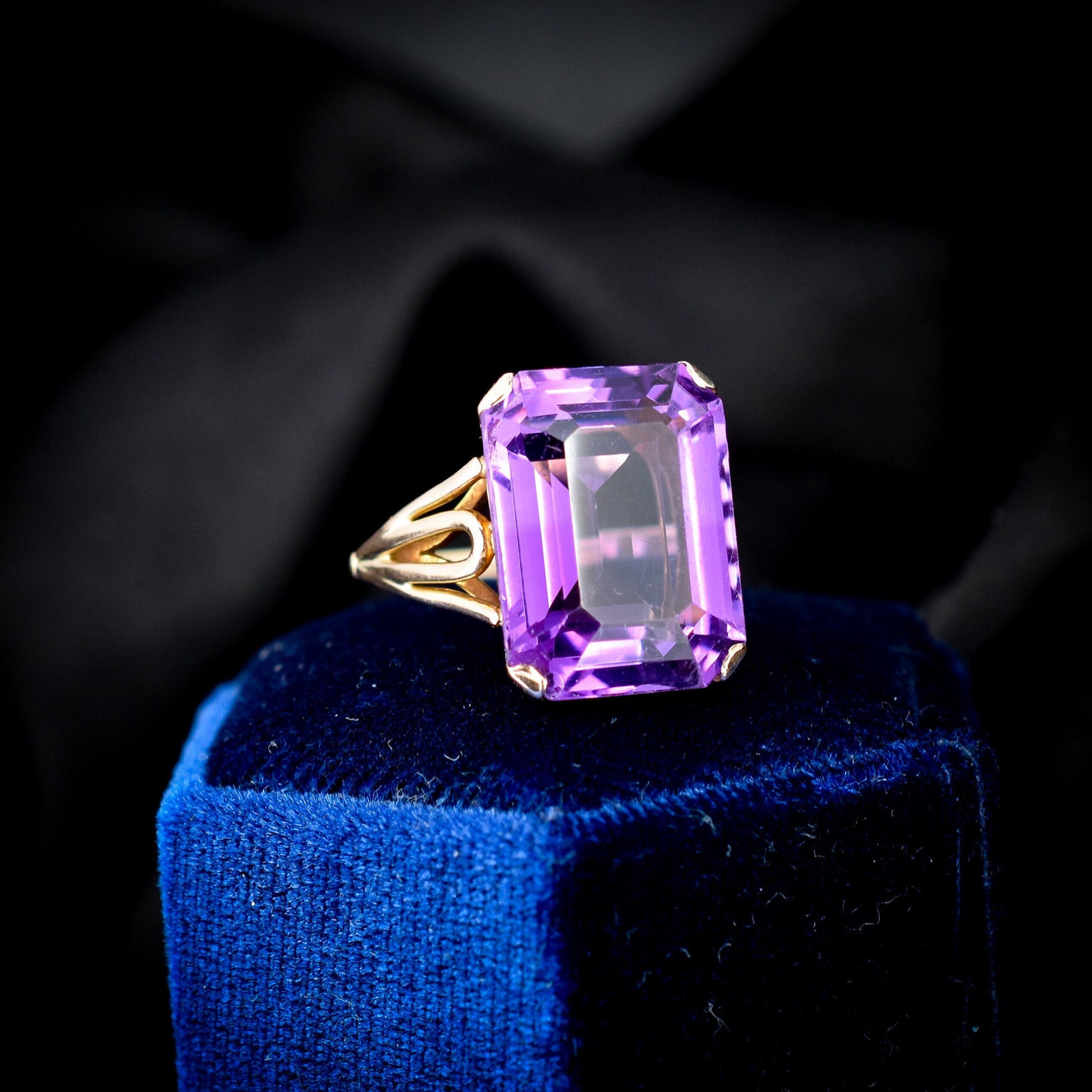 Vintage Emerald Cut Large Amethyst Solitaire Gold Cocktail Ring