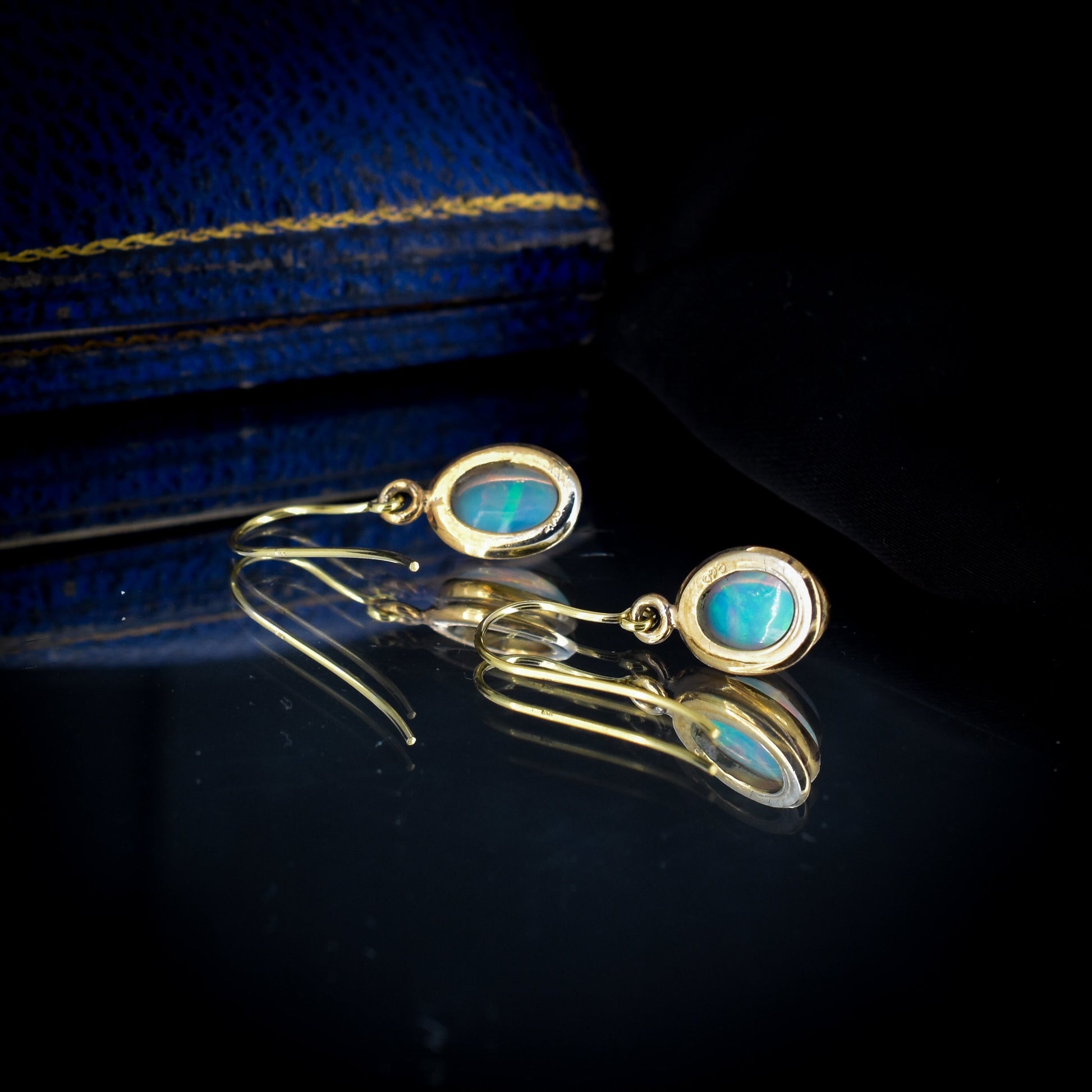 Opal Oval Bezel Yellow Gold Drop Earrings